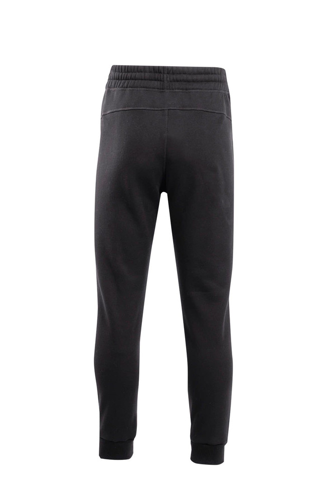 Black brushed fleece track pants with a tapered fit and elastic waistband, featuring a branding logo.