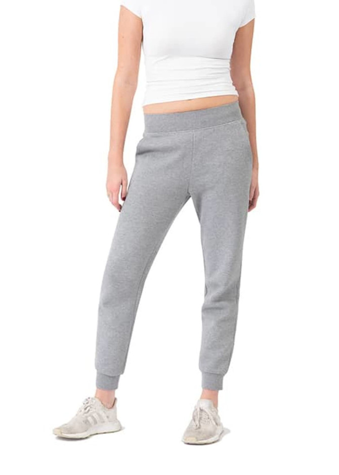 Grey women's track pants made of three-layer cotton, featuring a fitted style and elastic cuffs.