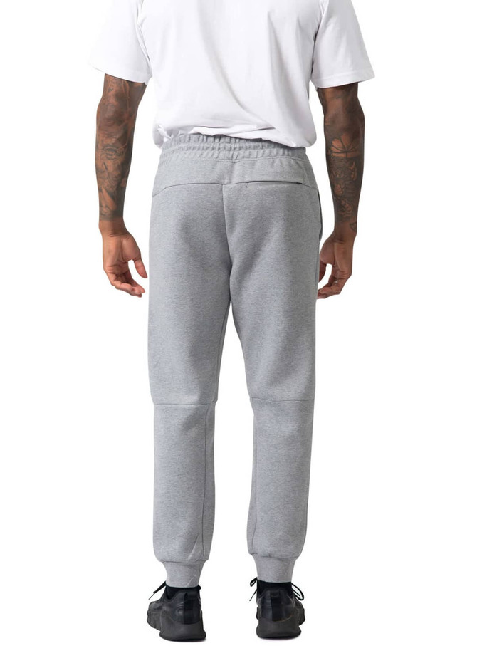 Men's three-layer cotton sandwich pants in grey, featuring a comfortable elastic waistband and tapered fit.