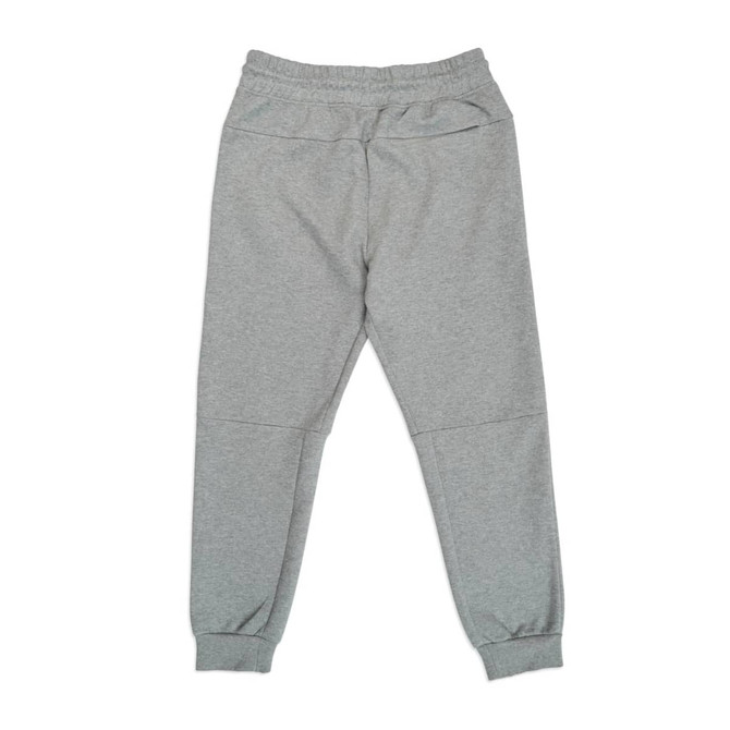 Men's three-layer cotton sandwich pants in light grey, featuring an elastic waistband and cuffs, with branding visible.