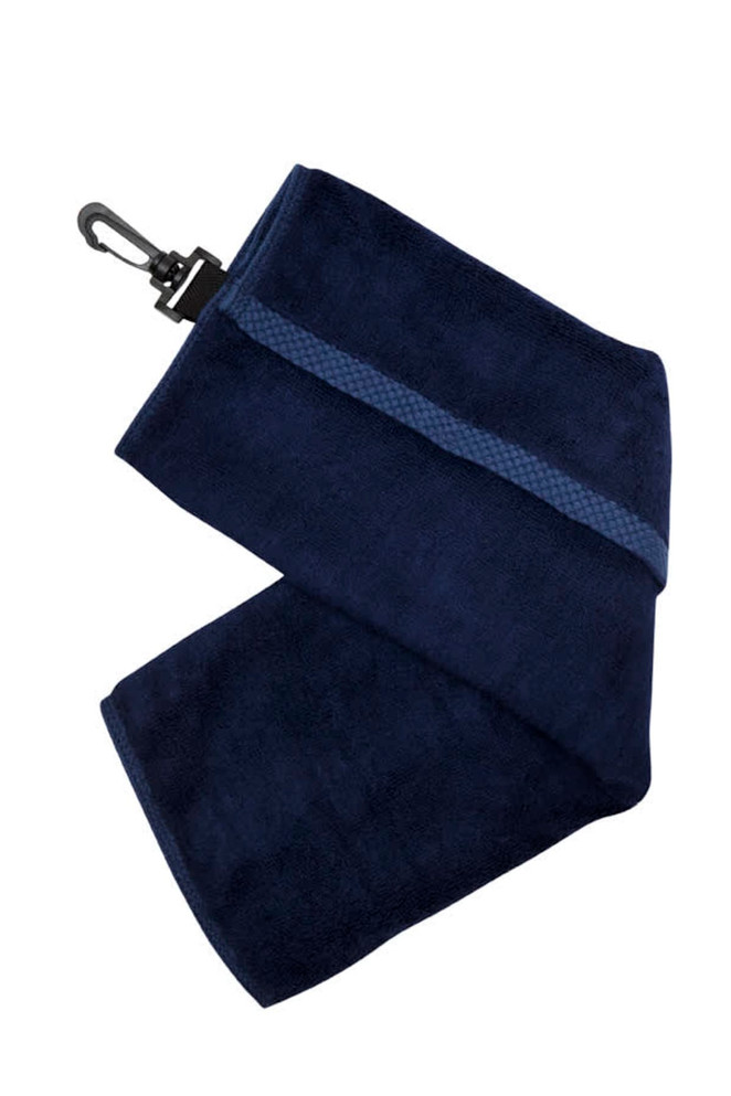 A navy bamboo golf towel featuring a plastic hook for easy attachment. The towel has a textured strip along one edge.
