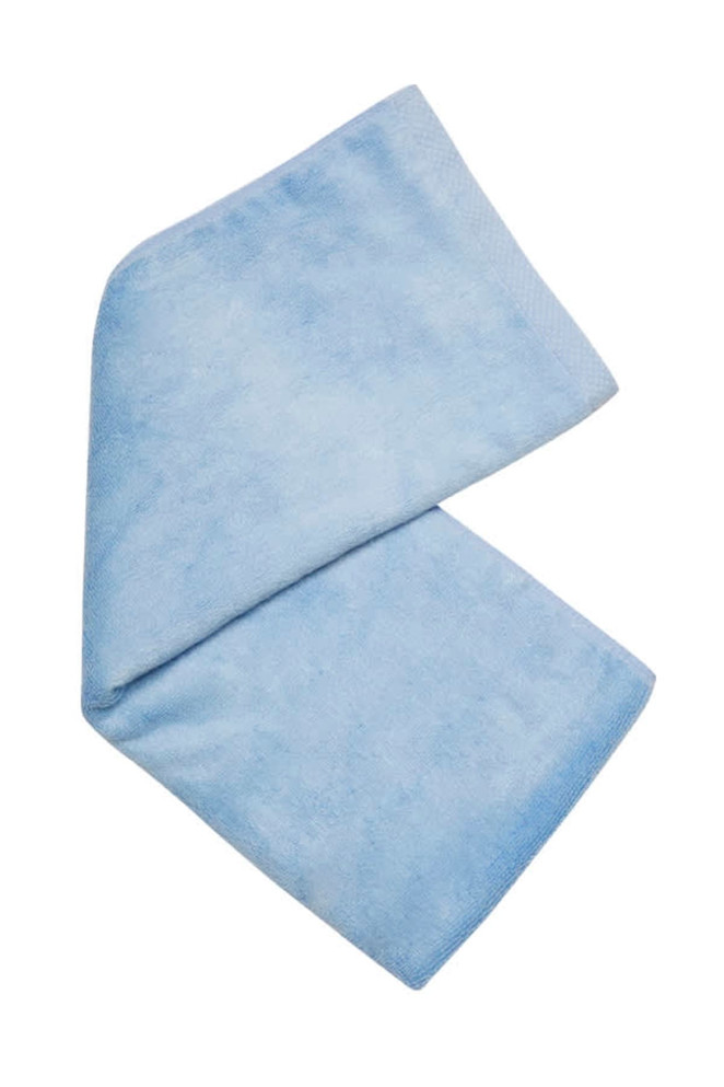 A blue bamboo fitness towel with a soft texture, featuring a logo in one corner.