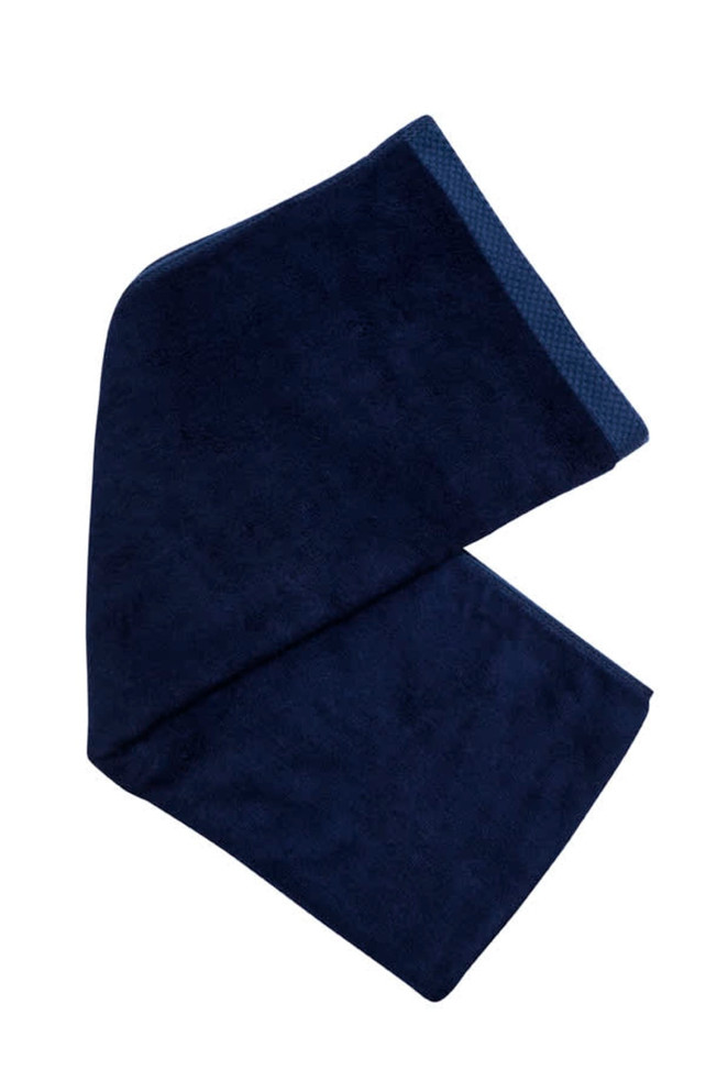 A navy bamboo fitness towel with a textured border, featuring a logo. Suitable for leisure and outdoor activities.