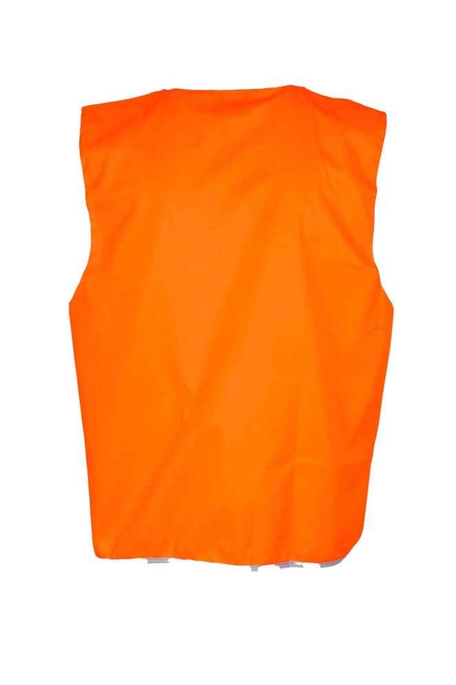 An orange vest made of 100% polyester, designed as workwear without reflective tape. Includes a logo.