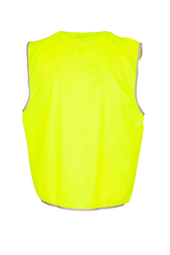 A bright yellow work vest without reflective tape, featuring a simple design and no visible branding.