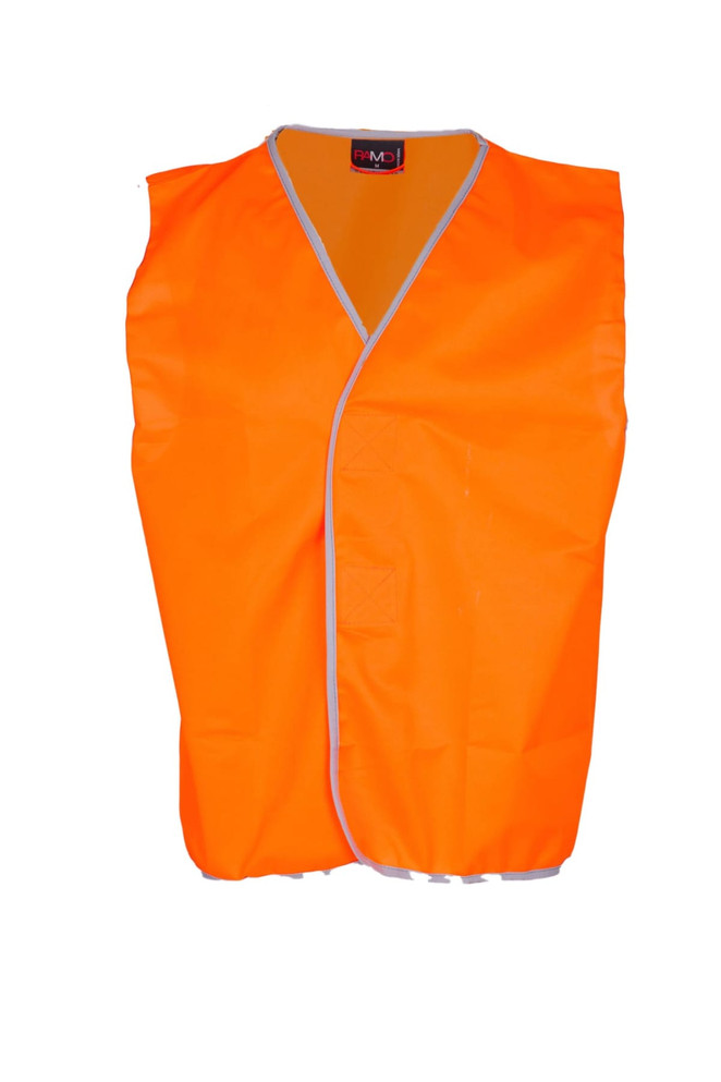 An orange vest made of 100% polyester, featuring a simple design and a branding logo. No reflective tape present.