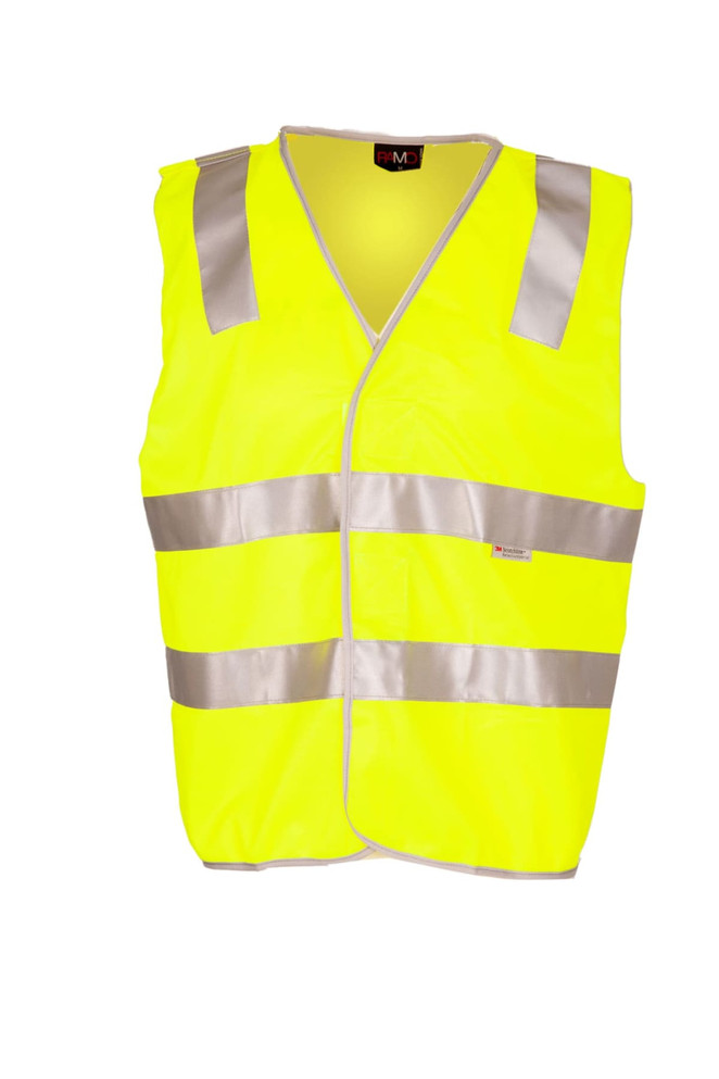 A high-visibility yellow vest featuring grey 3M reflective tape and a logo. Suitable for workwear applications.