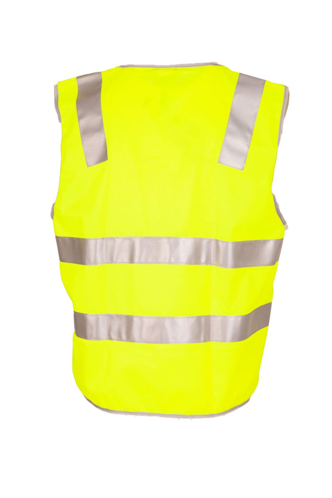 A high-visibility yellow vest featuring silver 3M reflective tape, designed for workwear.