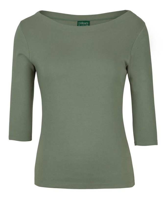A ladies' 3/4 sleeve boat neck tee in olive green, featuring a fitted design and a logo.