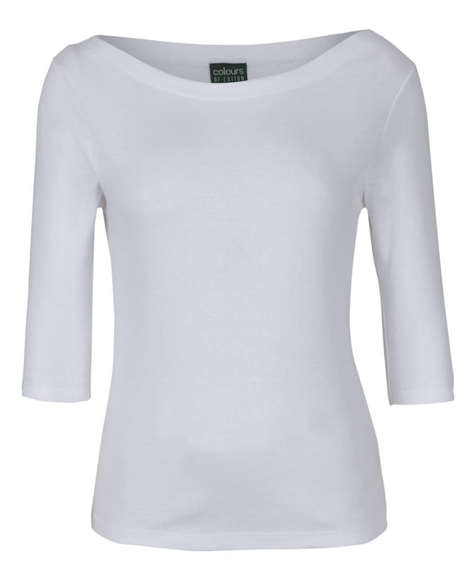 A white 3/4 sleeve boat neck tee with a logo tag displayed on the neckline.