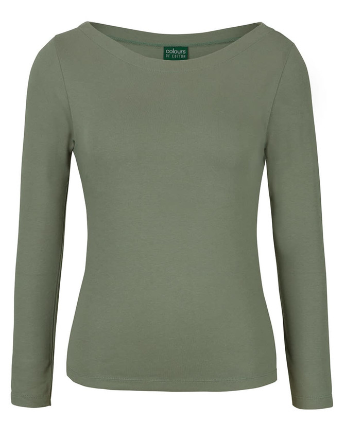 A green long-sleeve boat neck tee for women with a fitted style and a logo tag.
