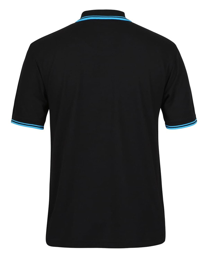 A black polo shirt featuring contrast blue stripes on the collar and sleeves, with a logo on the left chest.