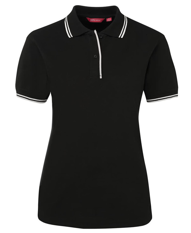 A black ladies' polo shirt featuring contrast white stripes on the collar and sleeve hems, with a logo present.
