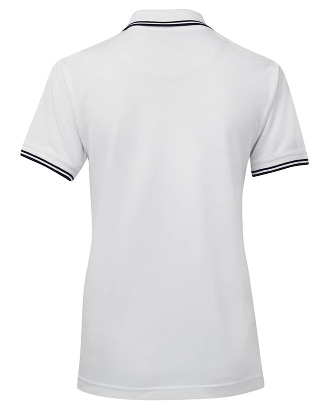 A white ladies' polo shirt featuring black contrast stripes on the collar and sleeves, with a logo on the front.