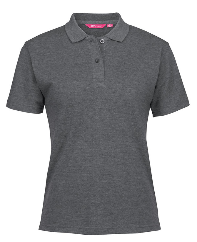 A grey polo shirt featuring a classic collar and a logo on the chest. Short sleeves and a streamlined design.