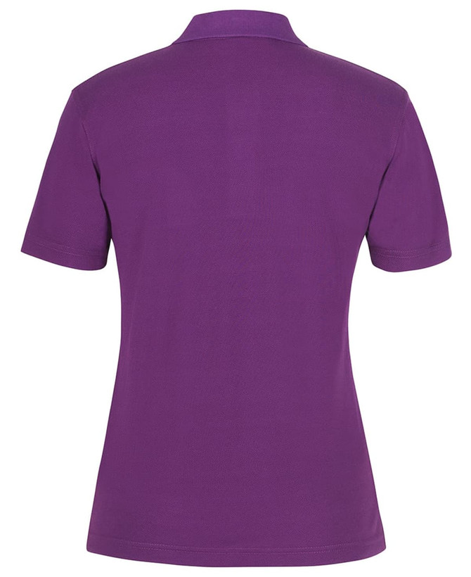 A purple polo shirt with a collar and short sleeves, featuring a logo on the back.