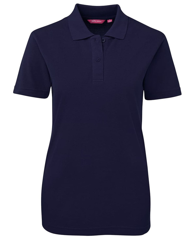 A navy blue ladies' polo shirt with a collar, short sleeves, and a logo on the chest.