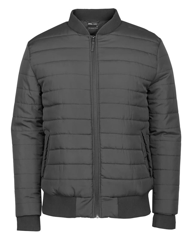 A black puffer bomber jacket with a zip-front and ribbed cuffs, featuring a logo on the collar.