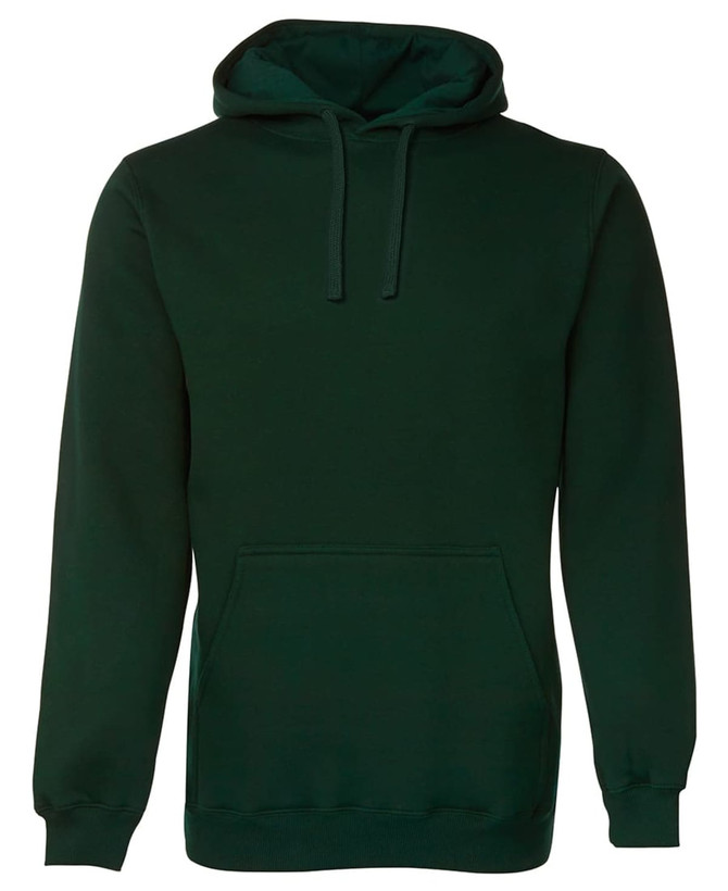 A dark green hoodie with a front pocket and an adjustable drawstring hood. There is a logo on the garment.