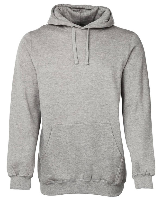 A grey hoodie with a front pocket and a drawstring hood, featuring a logo.