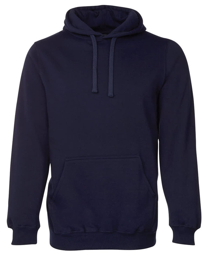 A navy hoodie featuring a front pocket and drawstring hood. The design includes a logo or branding.