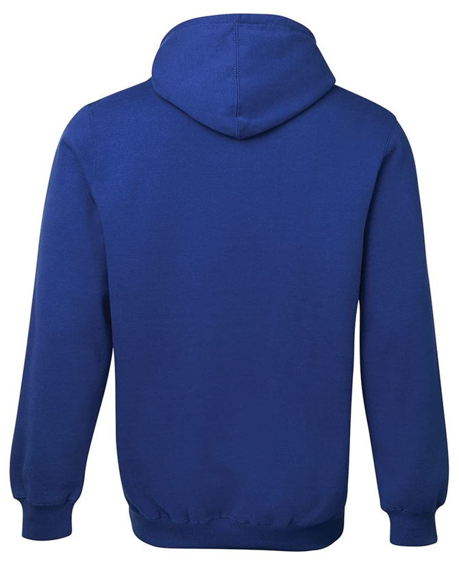 A navy blue hoodie featuring a hood and long sleeves, with a logo on the back.