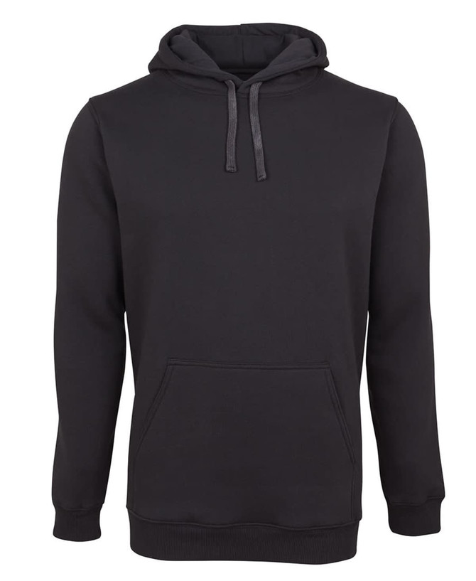 A black hoodie with a front pocket and a drawstring hood. It features a logo on the front.