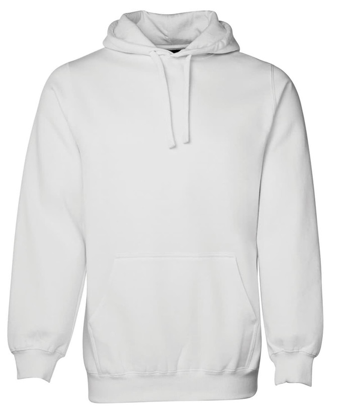 A white hoodie featuring a front pocket and a hood. The garment has a logo on it.