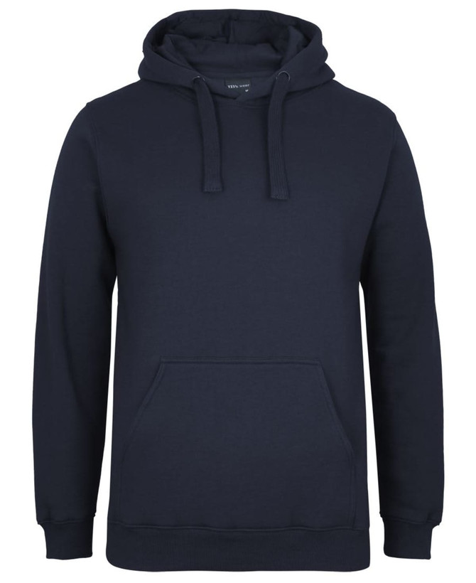 A dark navy hoodie with a kangaroo pocket and a drawstring hood, featuring a logo on the front.