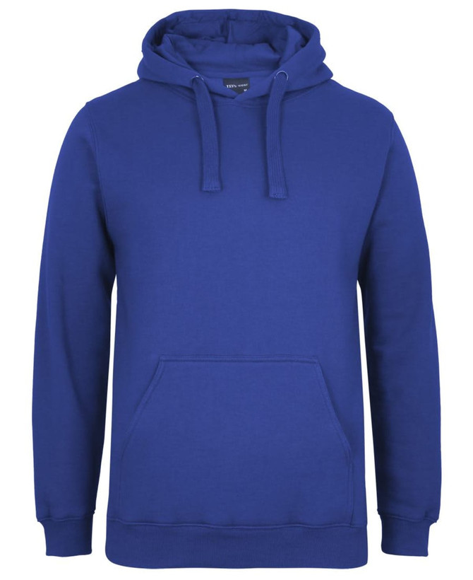 A blue hoodie with a front pouch pocket and a drawstring hood. It features a logo on the label.