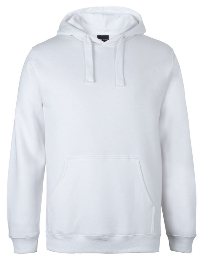 A white hoodie featuring a front pocket and a drawstring hood. The garment has a logo on it.