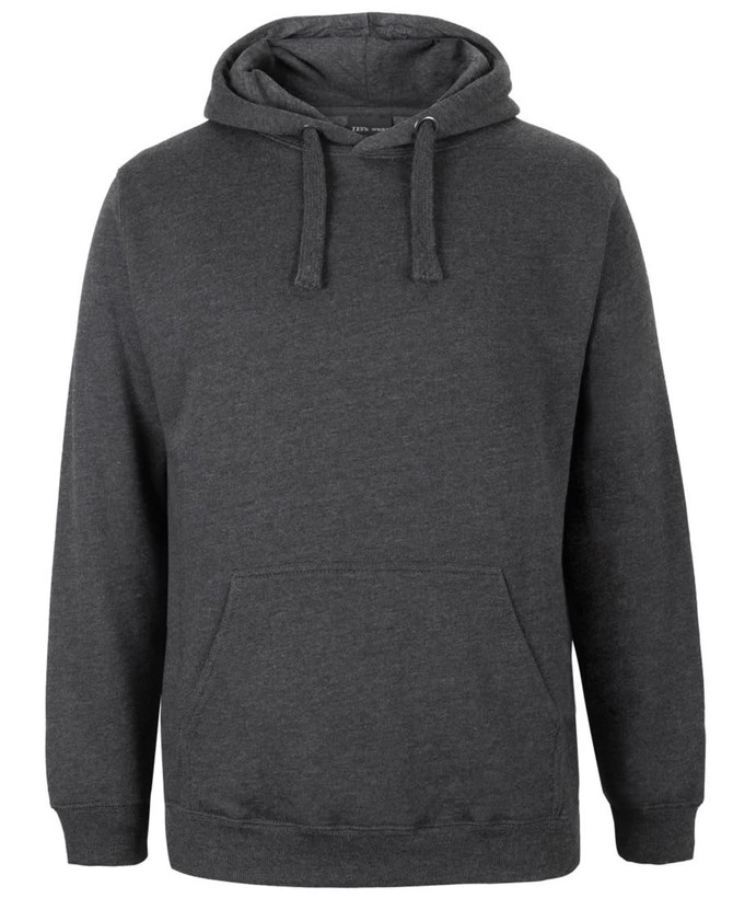 A dark grey hoodie featuring a front pocket and adjustable drawstring hood, with a small logo.