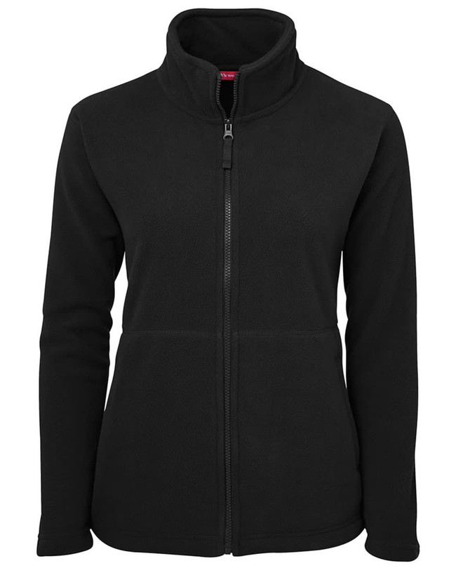 A black ladies' full zip polar fleece jacket with a high collar and zippered front pockets. Features a logo.