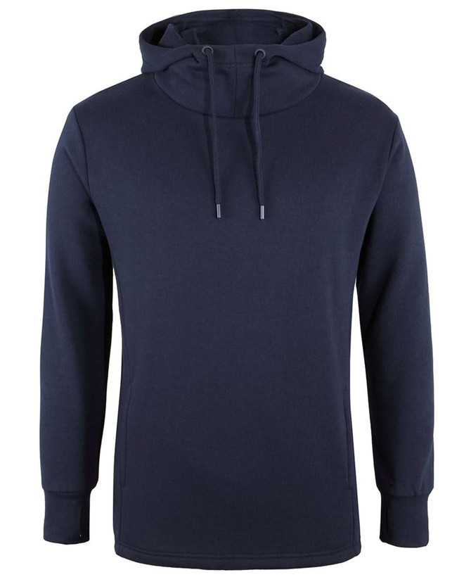 A navy blue hoodie featuring a drawstring hood and long sleeves, with a logo displayed on the garment.