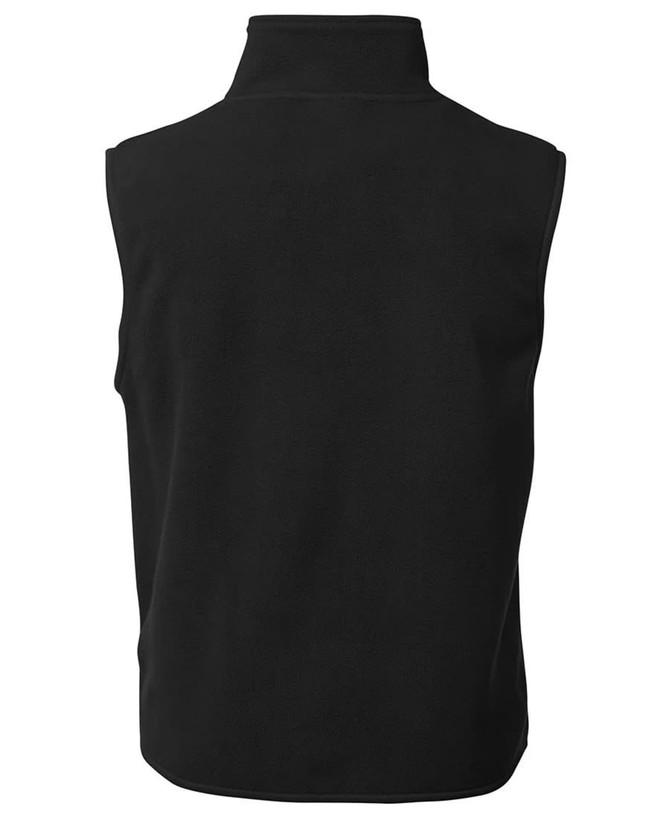 A black polar vest with a high collar, featuring a logo. The back view highlights its sleeveless design.