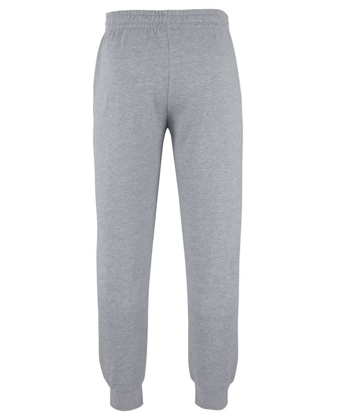 Grey track pants featuring an elastic waistband and fitted cuffs, with a logo present.