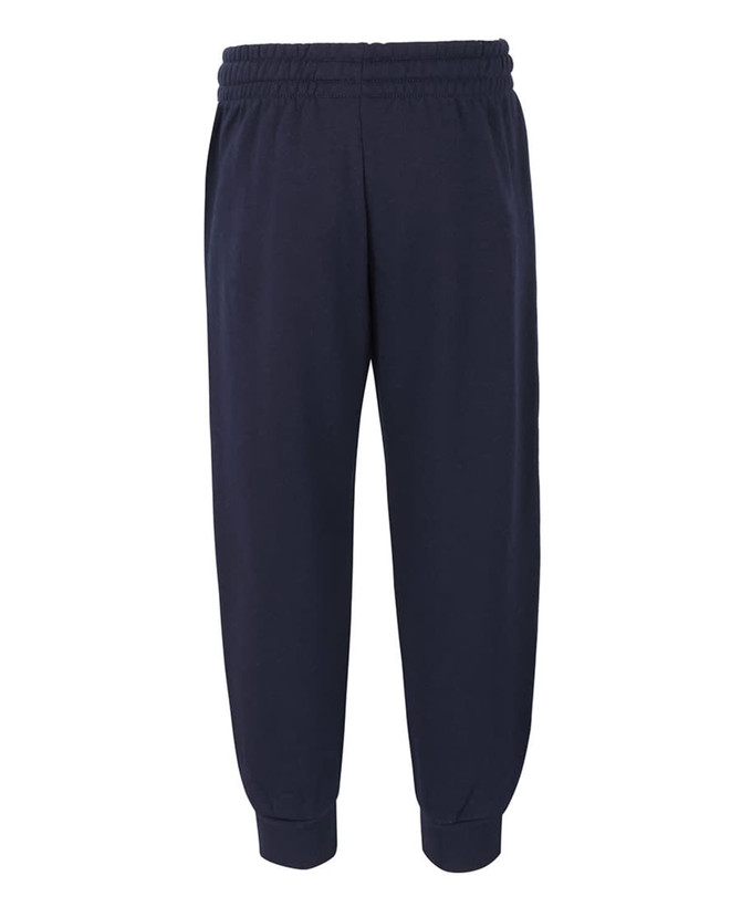 Navy track pants with an elastic waistband and cuffs, featuring a logo on the front.
