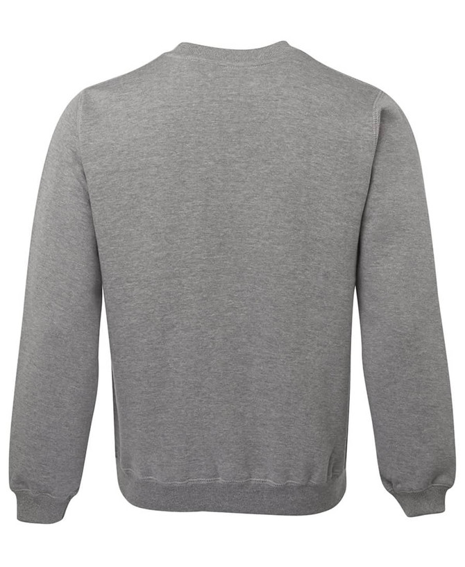 A grey jumper with a simple design, featuring long sleeves and a rounded neckline. It has a logo on the back.