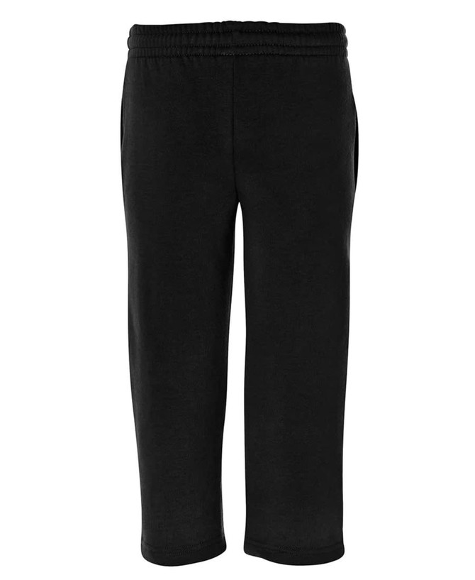 Black track pants with an elastic waistband and side pockets, featuring a branding logo.