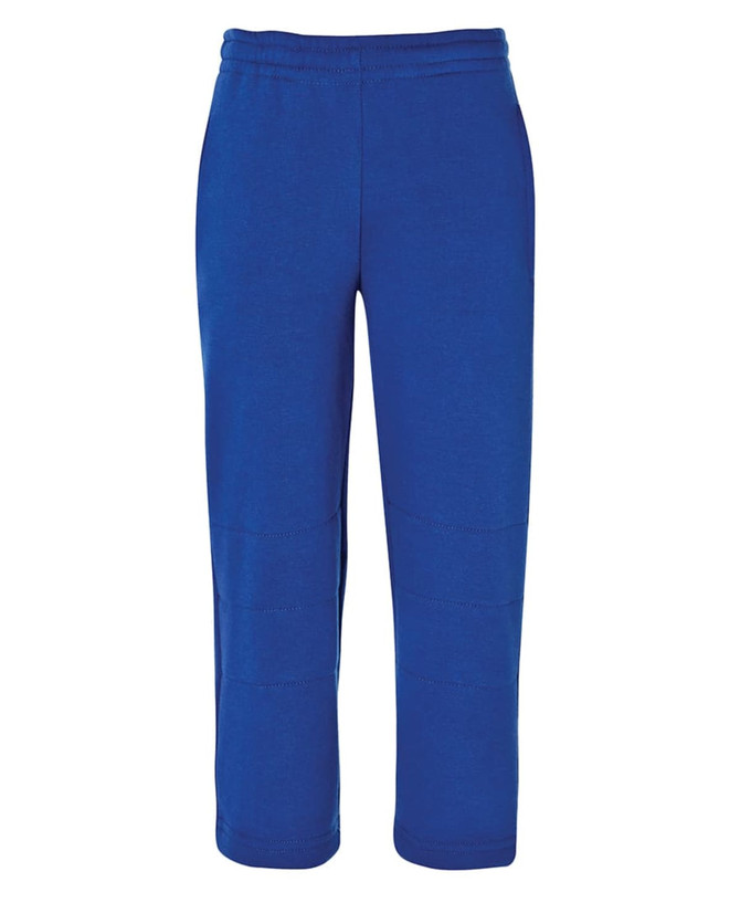 Blue track pants with an elastic waistband and stitched detailing, featuring a logo.