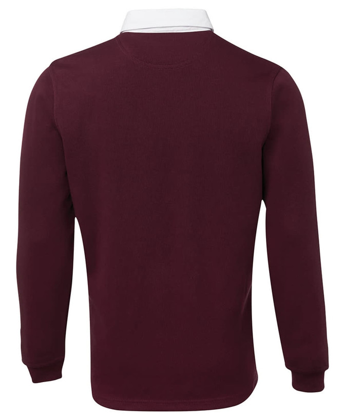 A maroon polo shirt with long sleeves and a white collar. Features a branding logo.