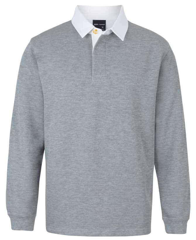 A grey polo shirt with a contrasting white collar and long sleeves, featuring a logo on the chest.