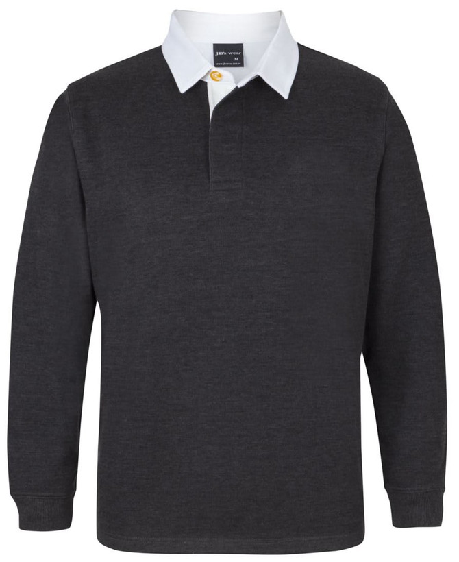 A dark grey polo shirt with a white collar and a logo on the chest. Long sleeves and a classic design.
