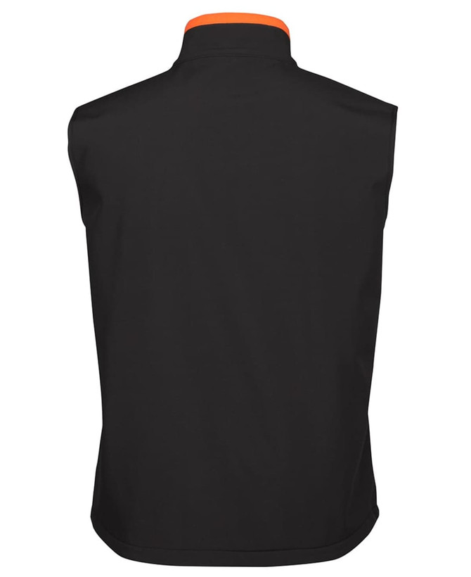 A black three-layer softshell vest with an orange collar, featuring a logo.