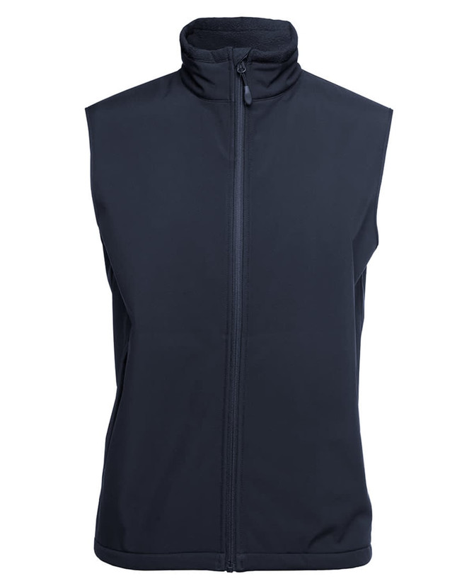 A black three-layer softshell vest with a high collar and a front zipper. It features a logo on the fabric.