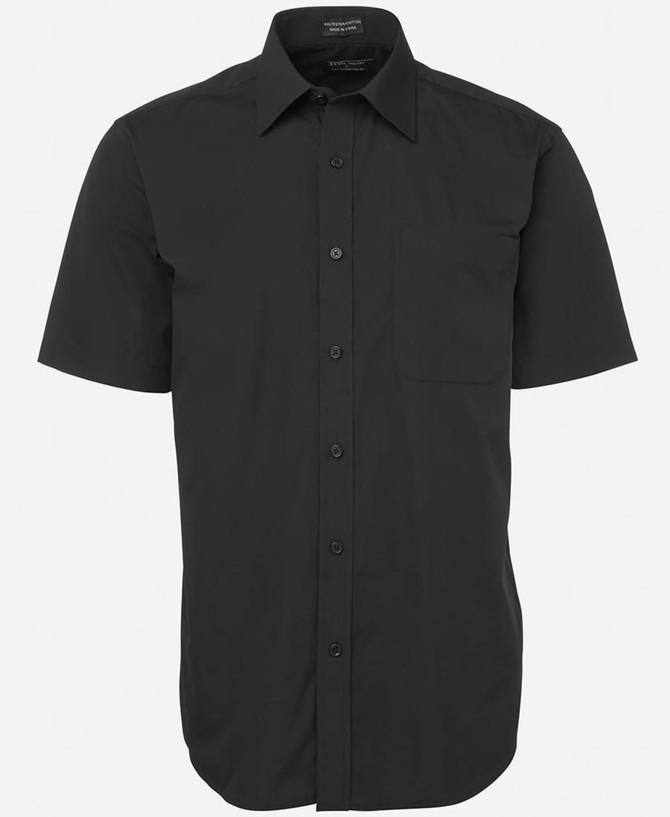 A short-sleeved black button-up shirt featuring a front pocket and a classic collar. It has a simple design with a logo.