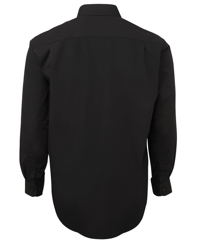 A black button-up shirt with long sleeves and a classic collar. The back view is displayed, featuring a smooth finish.