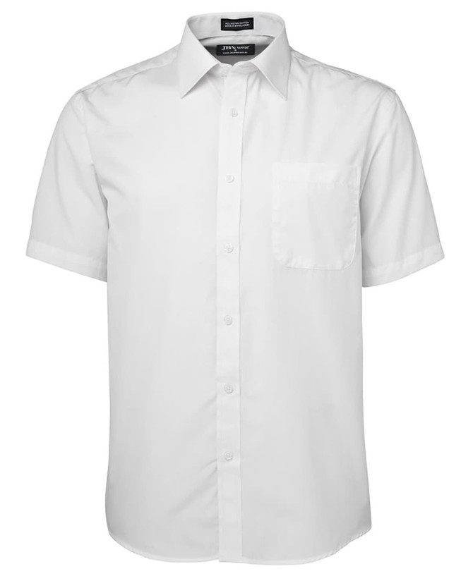 A white short-sleeve button-up shirt featuring a single chest pocket and a logo.