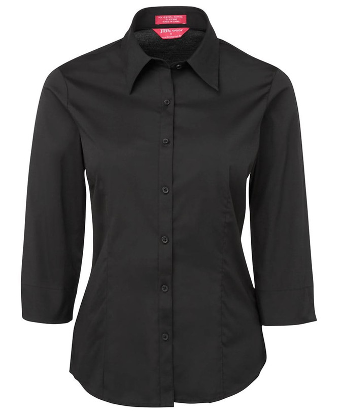 A black 3/4 sleeve ladies poplin shirt with a button-up front and a collar, featuring a brand logo.