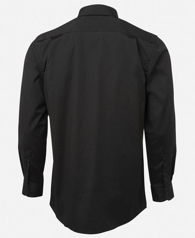 A black long-sleeve button-up shirt with a simple design and a logo on the back.